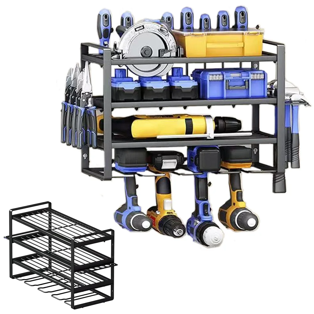電動工具収納ラック 壁掛け式 ハードウェア ドライバー レンチ ドリル ヘビーデューティー 厚型棚 ワークショップ用 金属製ツールラック