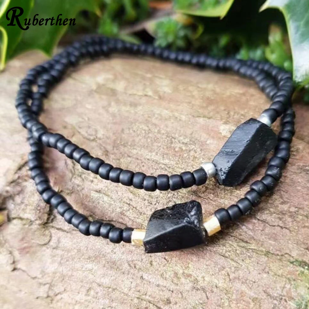 Ruberthen 8 MM Raw Black Tourmaline With 4 MM Matte Black Onyx Bracelet Womens Energy Protection Wrist Mala