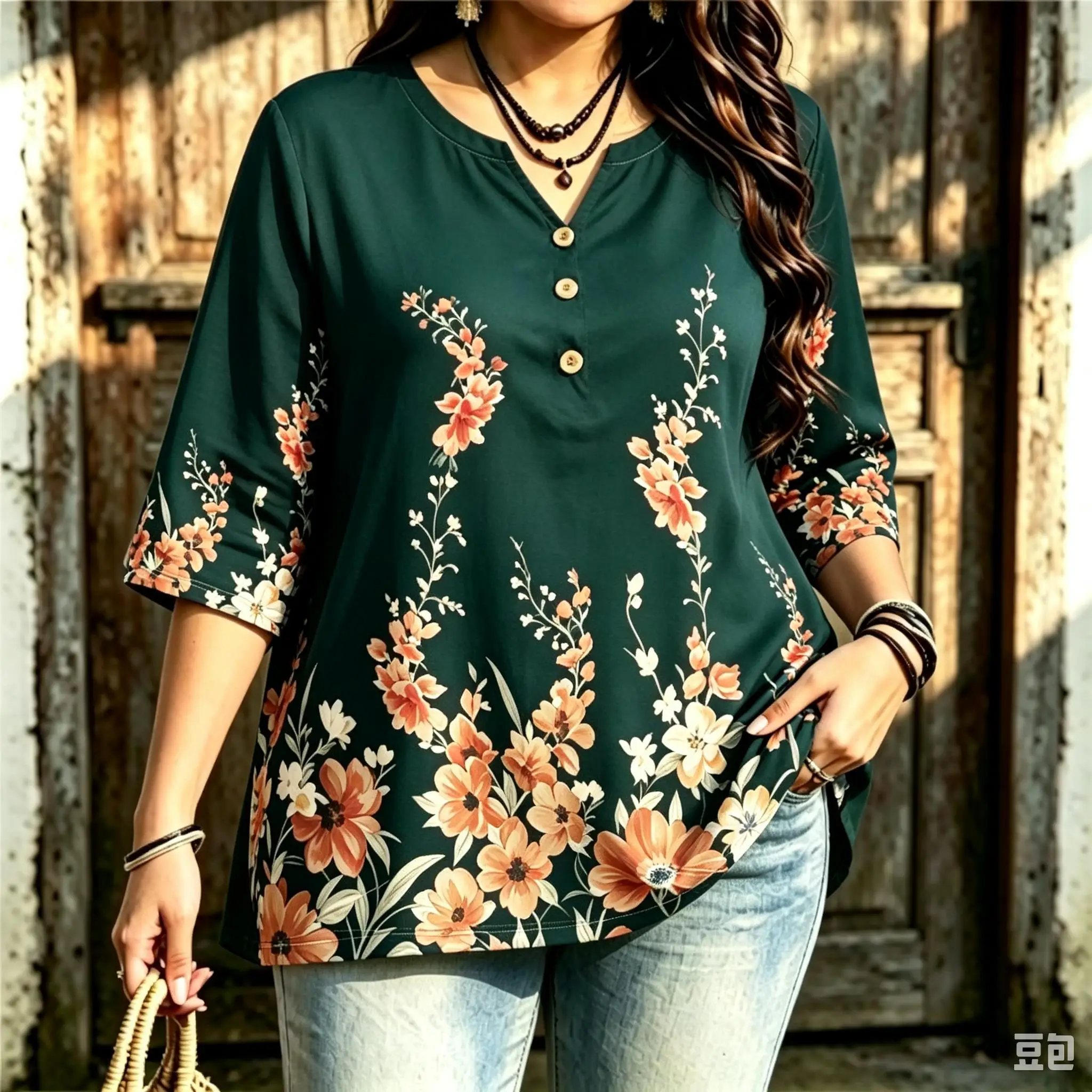 Women Floral Maple Leaf Butterfly Print Blouse Notched Neck 3/4 Sleeve Loose Tops Retro Flower Autumn Pattern Shirts