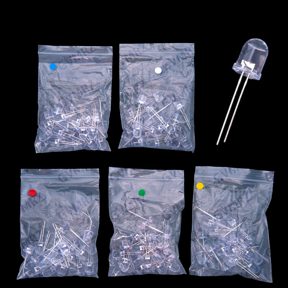 100PCS 5Values ​​Color 10MM Transparent Yellow Blue F10 White Red Green LED Beads Light Emitting Diode LED Light Pack  Red Green
