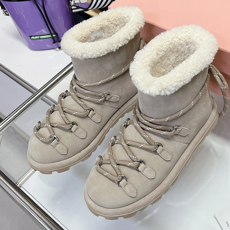 high-quality Women\'s Boots 2024 new cowhide suede snow boots all made of real wool flat bottom winter warm women\'s shoes