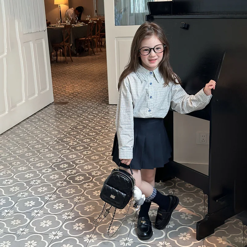 

Shirt Skirt Child Color Blocking Plaid Leisure Fashionable Soft Academic Style Autumn Cotton Pleat Loose Long Sleeves