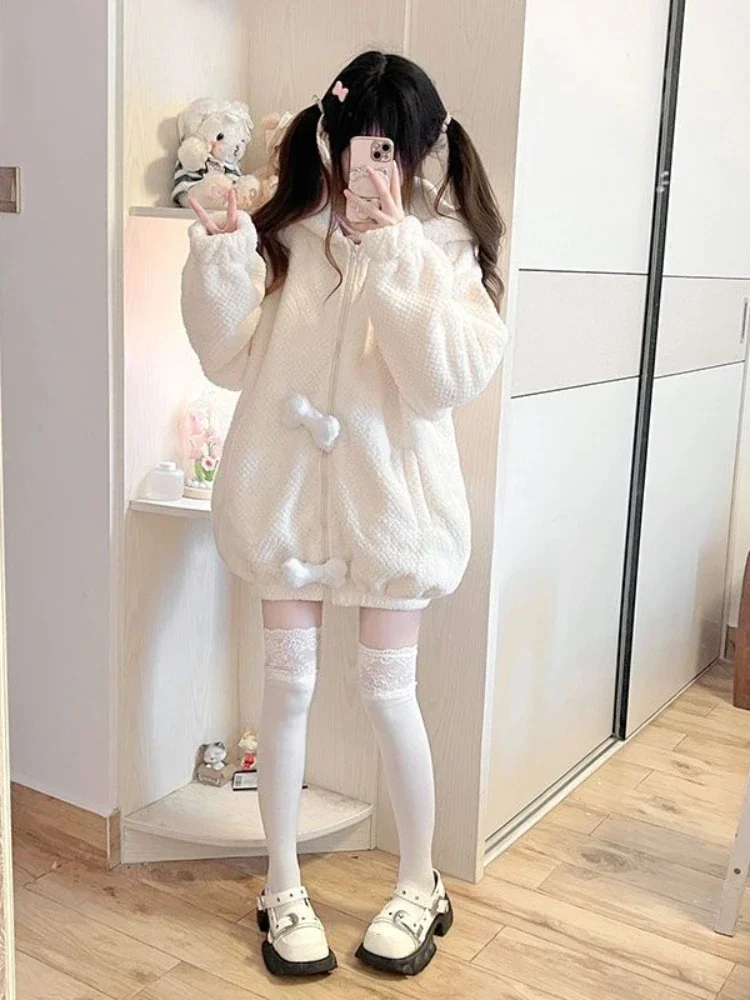 Coalfell American Retro Rabbit Ear Hooded Jacket Women Loose Plush and Thick Cardigan Top Winter Loose Thickened Coat Cute Girl