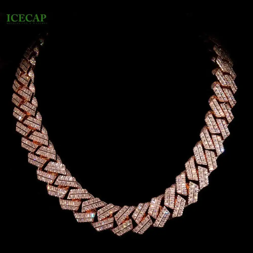 

Iced Out 22mm 2 Rows Baguette Moissanite Cuban Link Chain Rose Gold S925 Sterling Silver Hiphop Cuban Link Necklace