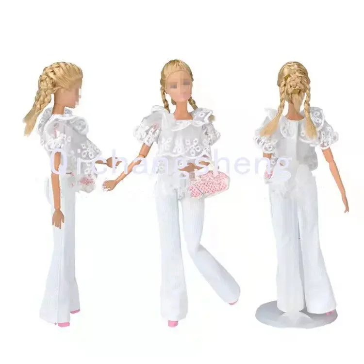 คลาสสิกสีขาว Multi Ruffle Top กางเกง1/6 BJD ตุ๊กตาเสื้อผ้าสำหรับตุ๊กตาบาร์บี้เสื้อผ้าชุดเสื้อและกางเกงและรองเท้าและกระเป๋าอุปกรณ์เสริม