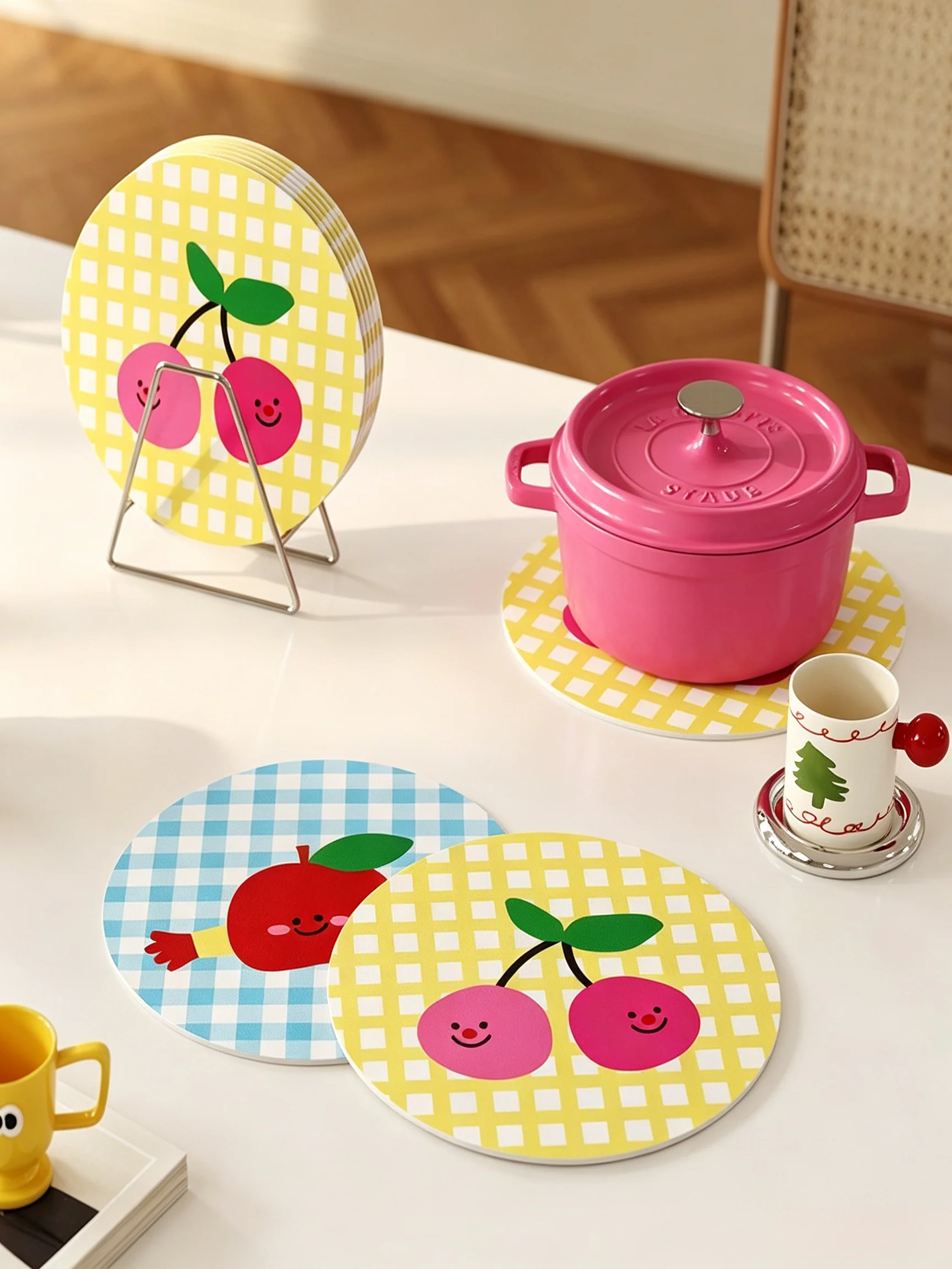 Cute Korean Cherry Cup Coasters Absorbent Anti-Slip Drink Coaster Vintage Plaid Mug Mat Table Protector Picnic Photo Props