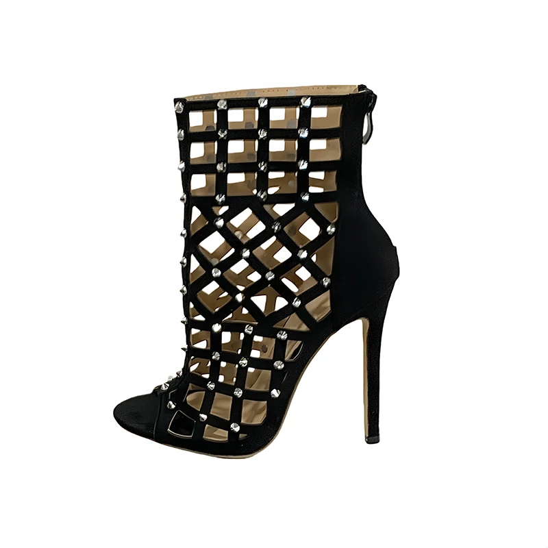

Black Ankle Boots Woman Stiletto Heels Summer Shoes Fashion Hollow Out Rivet High Heels Sandals Ladies Boots