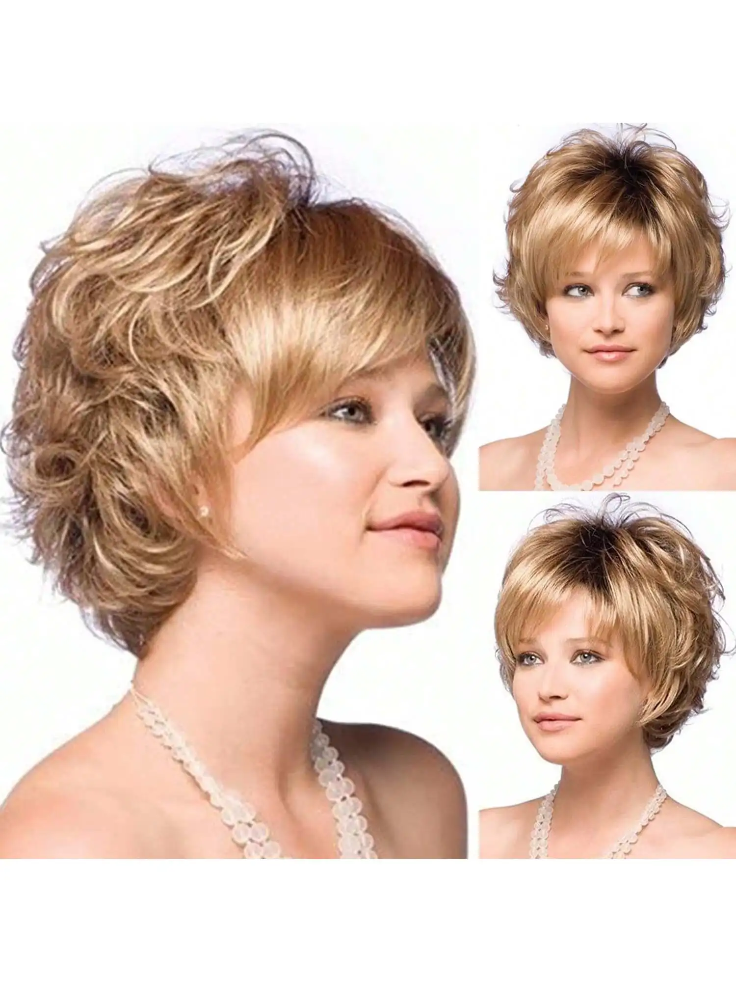 

1 шт. парик-боб с эффектом омбре для белых женщин, с челкой, кудрявые короткие волосы, синтетический парик, блонд с мелированием, бобо-стиль