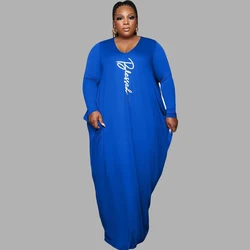 Elegant Plus Size Dresses for Women 4xl 5xl Printing V Neck Long Sleeve Pocket Side Pleated Stretch Loose Maxi Dresses Wholesale