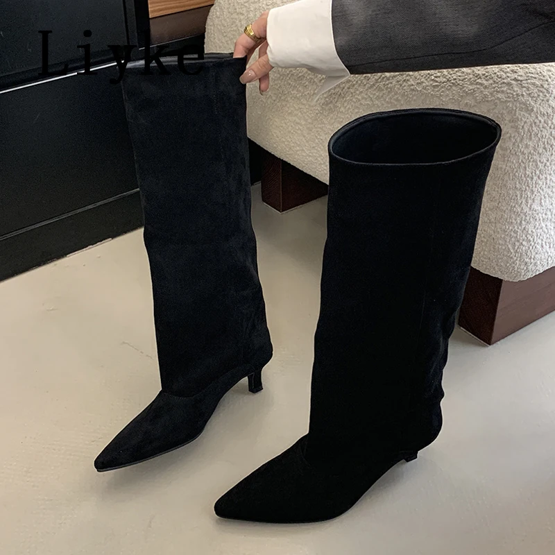 Liyke 2026 New Sexy Pointed Toe Knee High Boots Women Autumn Winter Low Thin Heels Pumps Cozy Ladies Party Long Shoes Size 35-40