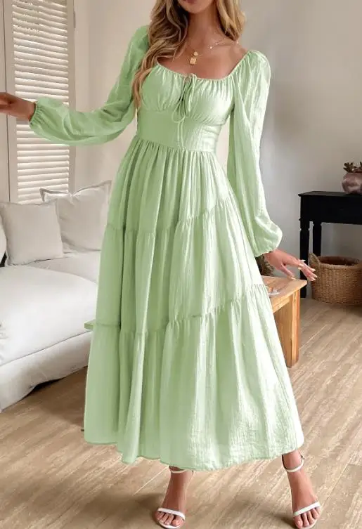 

Elegant Women's Dress French Elegant Slim Fit Square Collar with Lace Up Collar and Waist Cinching A-Line Long Sleeved Dress