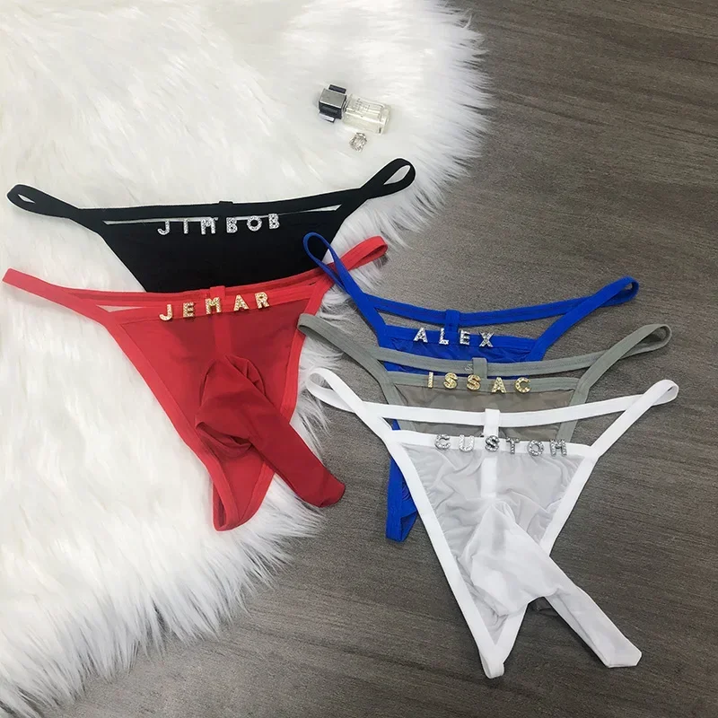 Letters Customized Men Sexy G-String Through Penis Cover High Elasticity Transparent Low Waist Briefs Thong Boyfriend Gift