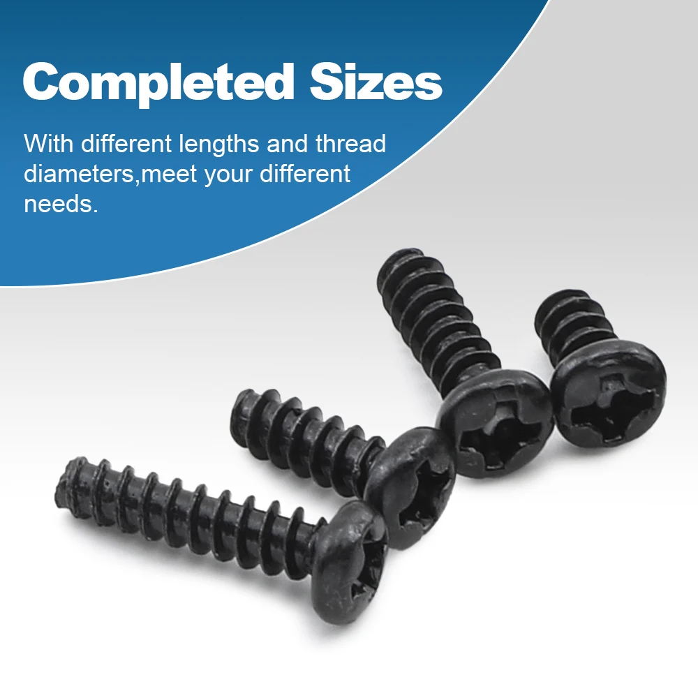 HOWSHENG Phillips Round Head Self-tapping Screw M1.2 M4 M5 Black Plated Cross Pan Head Tapping Screw Flat Tail for Woodworking