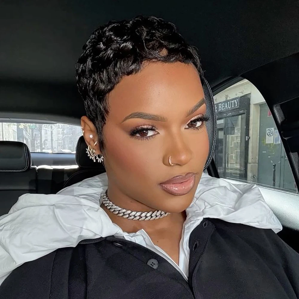 باروكات شعر بشري مفرود قصير شعر برازيلي بقص عابث 100% شعر بشري مصنوع آليًا جاهزًا للارتداء للاستخدام اليومي طبيعيًا