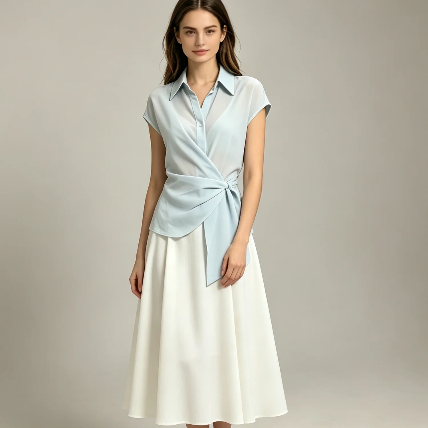 

PUAL 2026 Summer Lapel Wrap Satin Shirt,Slim Tie Waist Cap Sleeve Blouse,Perfect For Office, Business Meeting, Casual Daily Look