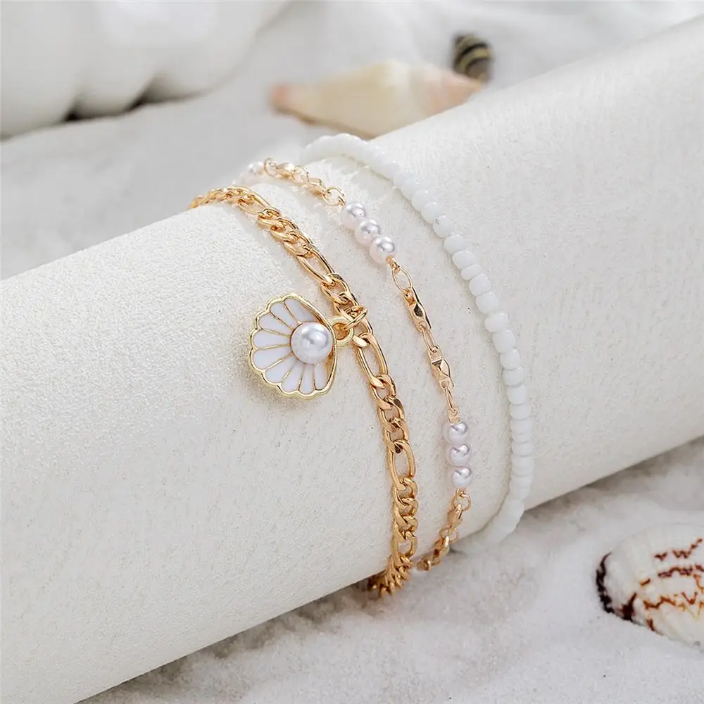 2Pcs Fashion Shell Boho Anklet Set Scallop Elastic Foot Jewelry Rice Beads Beach Charm Anklet For Summer Holiday Wear