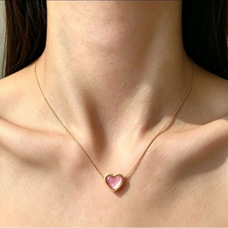 Sweet Heart Charm Necklace Adjustable Stainless Steel Matte-Effect Collarbone Chain Jewelry Gift For Women Daily Wearing