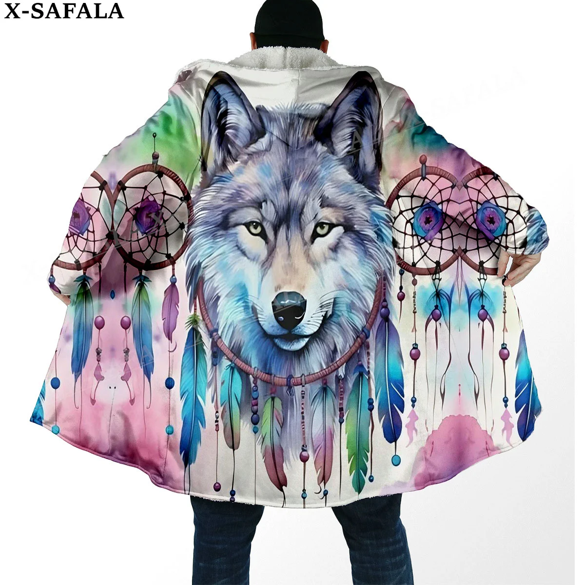 Elegant  Native Wolf Spirit Totem Arts Thick Warm Hooded Cloak Men Overcoat Coat Windproof Fleece Cape Robe Hooded Blanket-6