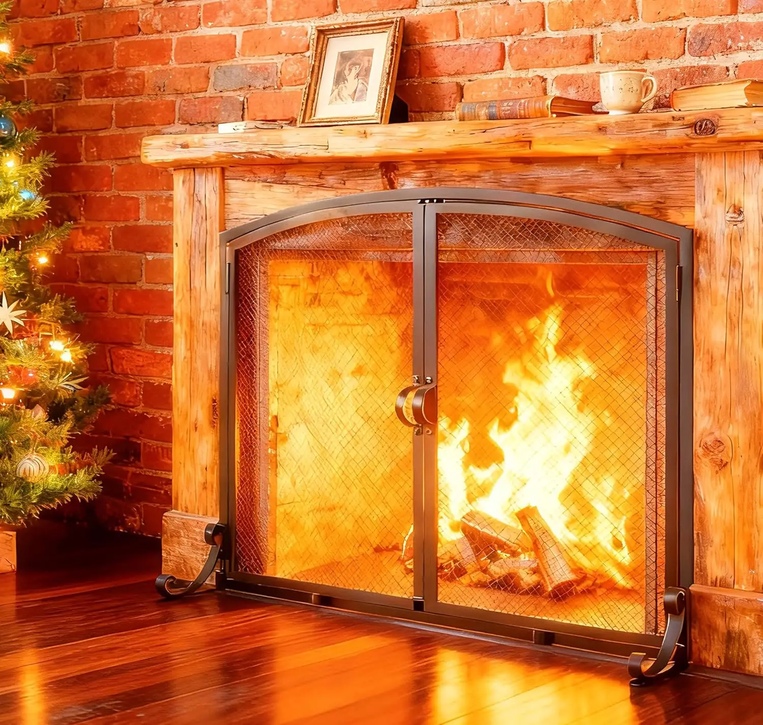 37.8x30.7 in Flat Fireplace Screen with Doors, 2-Pannel Wrought Iron,Arched Design Mesh,Adjustable Fit Fireplace Spark Guard