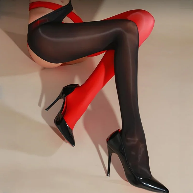 Oil Shiny Open Crotch Pantyhose Ultra-thin Sheer Thigh High Stockings Hollow Out Low Rise Women Hosiery Pole Dance Erotic Tights