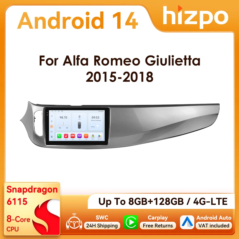 Hizpo 9-Zoll Kabelloses CarPlay Android Auto Autoradio für Alfa Romeo Giulietta 2015 - 2018 Multimedia-Player 4G BT GPS-Navigation RDS DSP 4G 360 ° GLAS
