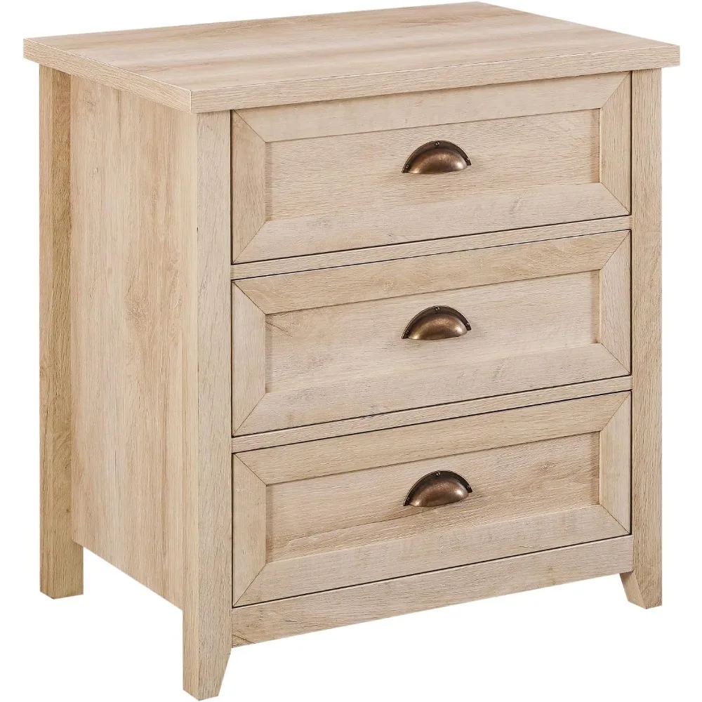 Modern Farmhouse 3 Drawer Framed Nightstand with Half-Moon Handles 25 Inch White Oak SPACIOUS STORAGE SMOOTH GLIDE DRAWERS