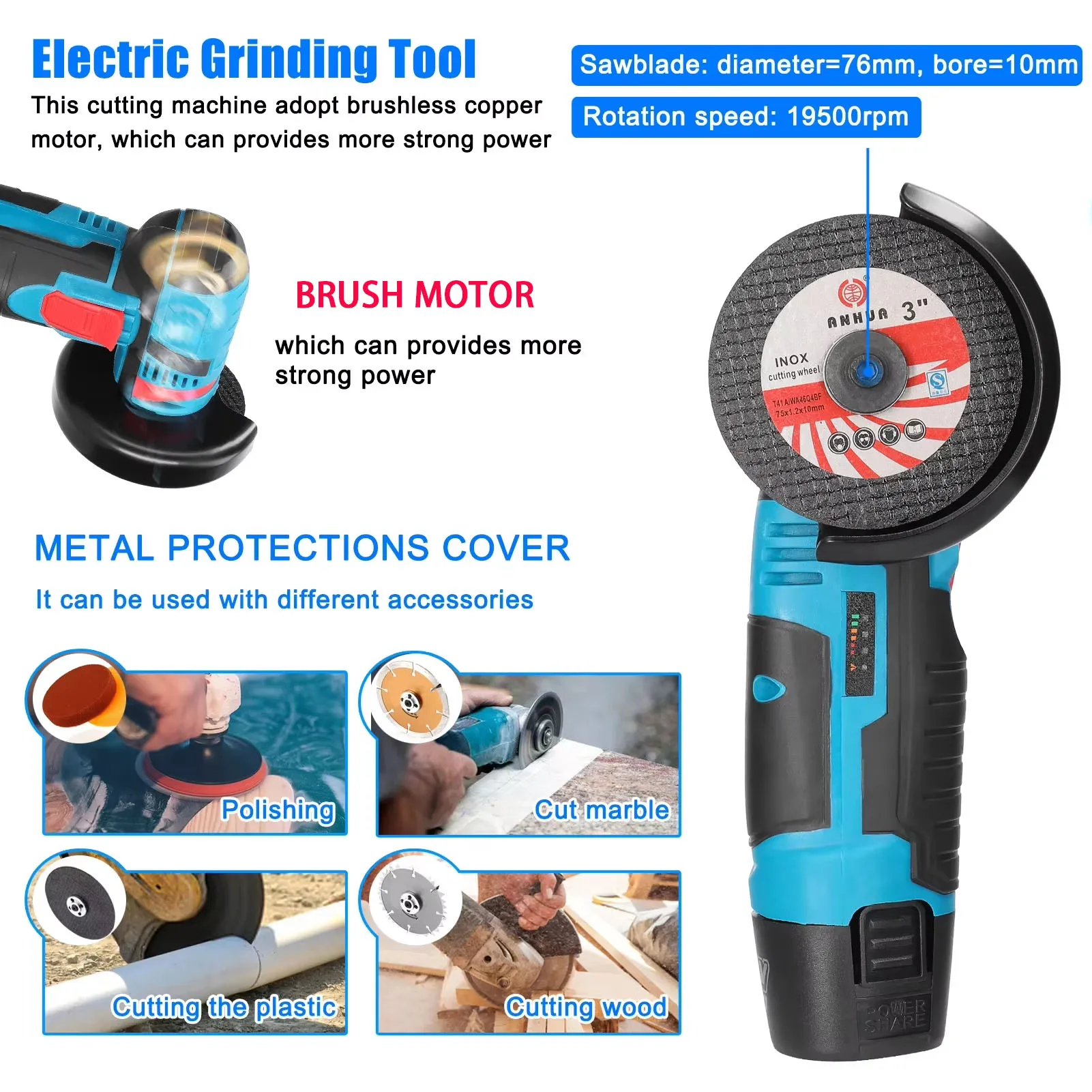 Angle Grinder Brushless/ Brushed Grinding Machine Cordless Lithium Battery Rechargeable 19500rpm 12V Grinder Cutting Power Tools