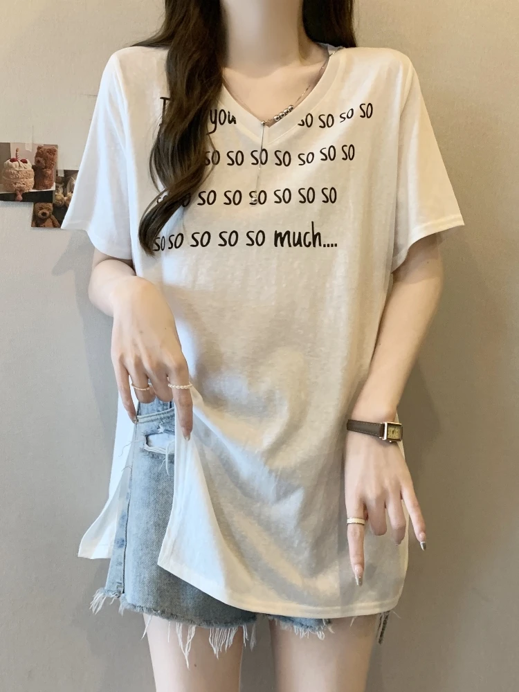 Loose V-Neck Short Sleeve T-Shirt Women's Summer Large Size Base Shirt plus Size Mid-Length Butt Covering Top Asymmetrical Pr...
