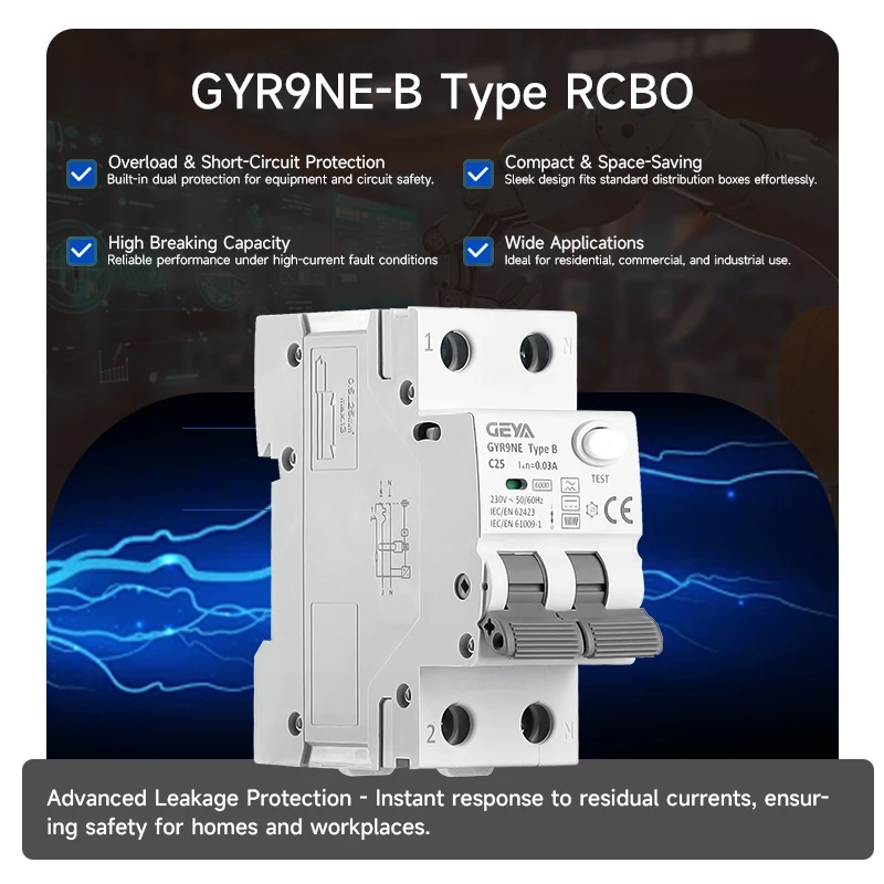 

GEYA GYR9NE B-Type: High-performance, detects residual currents, prevents overloads, protects circuits/equipment in diverse uses