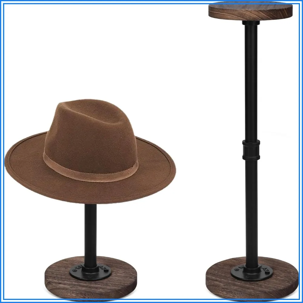 

2 Pcs Adjustable Hat Stand, Industrial Metal Pipe Rustic Wood Cap Rack for Display