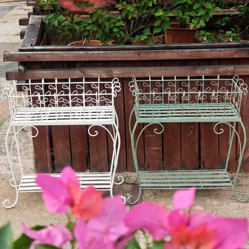 Wrought iron double-layer flower stand, gardening slot cabinet, raised storage, how much meat balcony, indoor and outdoor courty