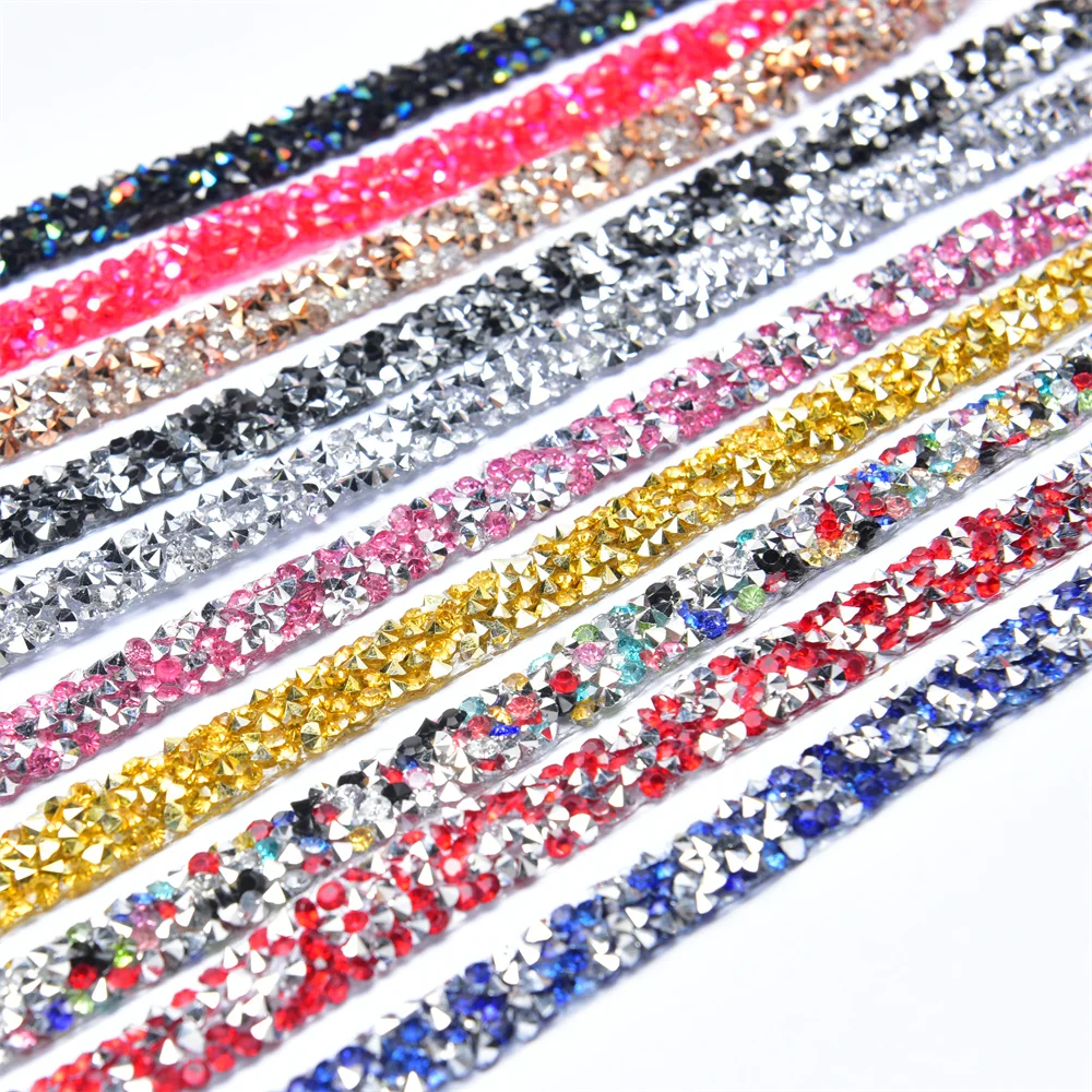 5 Yards 10mm Shiny Rhinestone Banding Tape Chain Hot Fix Resin Diamond Trim Iron on Strass Ribbon for Wedding Dress Belt Clothes