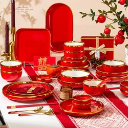 Chinese Wedding Dishes Set for Home Creative Ceramics Full Tableware of Plates Light Luxury Housewarming Gift Kitchen Bowls New