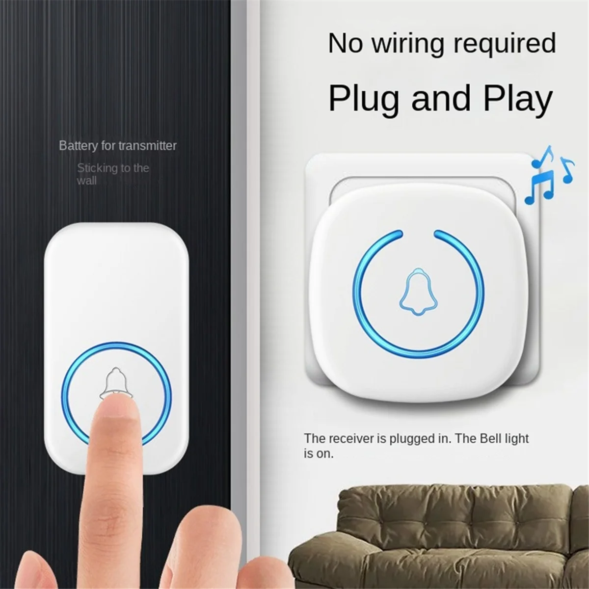 Wireless Doorbell Intelligent Welcome Door Bell 300M 60 Songs Melodies Home Smart Doorbell White US PLUG