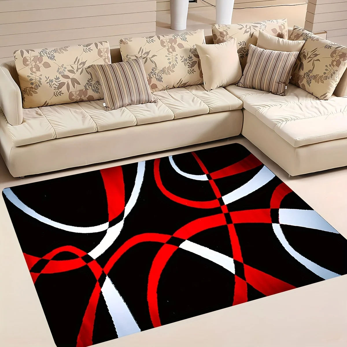 Modern Abstract Flannel Rug Red Black White Curved Line Area Carpet Soft Non-slip Floor Mat for Living Room Bedroom Home Decor