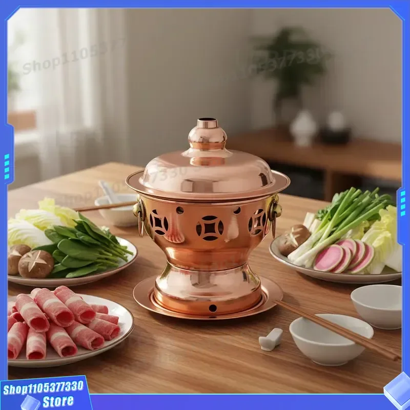 Traditional Chinese Copper Brazier Pot with Lid Uncoated Sustainable Heating Stove for Home Decor Vintage Style Charcoal