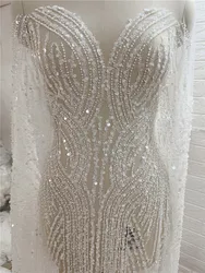 2024 New Style White Gorgeous Strip Unique Style Fashion High Quality Pearl Bead Sequins Wedding Dress Gown Lace Fabric