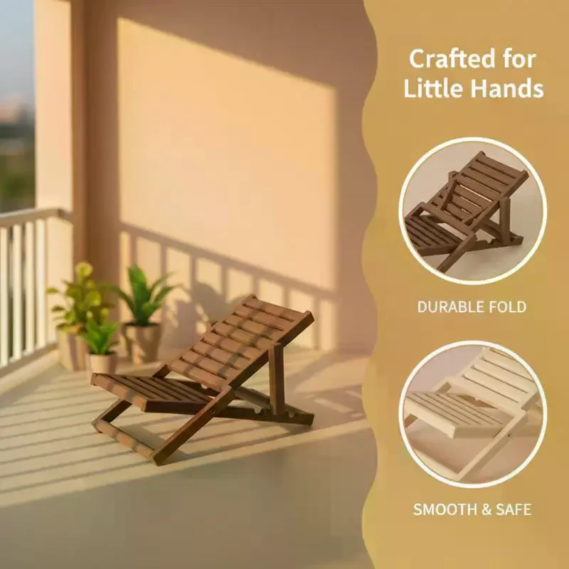 Mini Dollhouse Foldable Beach Chair 1 12 Wooden Deck Chair Furniture Model for DIY Home Beach Patio Scene