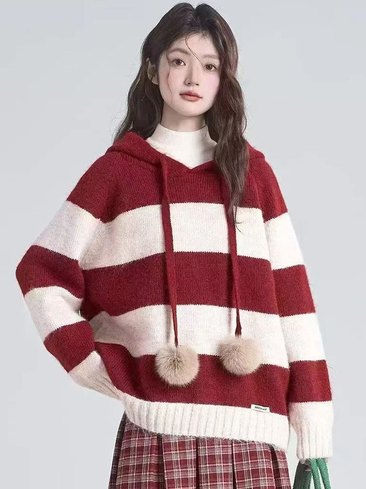 

Jmprs Cute Striped Hooded Sweaters Women Loose Long Sleeve Preppy Style Knitted Jumper Korean Vintage Casual Sweet Pullovers New