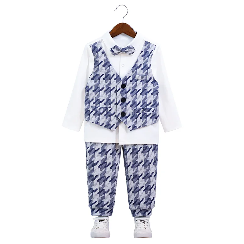 Boys Spring Autumn 3Pieces Fake Vest T Shirt Pants Bowtie Photograph Suit Kids 1Year Birthday Set Children Ceremony Costume