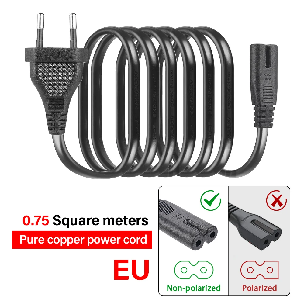 1.5M Universal 2-Prong EU AC Power Cord Adapter Non-Polarized European Power Cable for Most Printer & Laptop AC Power Adapters