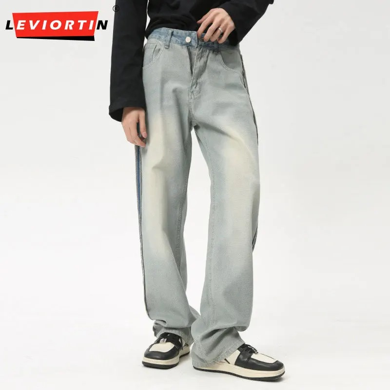 2024 Summer New Product American Men's Jeans Loose Zipper Vertical Stripe Casual Wide Leg Washed High Street Trendy Pants S-XL