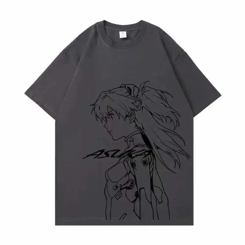 Heavyweight Pure Cotton EVA Anime Short-sleeved Unit-01 Asuka T-shirt Summer New Mecha Loose Off-the-shoulder Top for Men and view 4