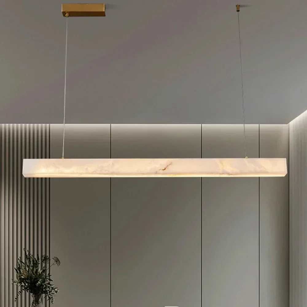 Candelabro de mármol Natural moderno para sala de estar, comedor, iluminación de Alabastro de isla larga, candelabro de cobre puro, decoración del hogar