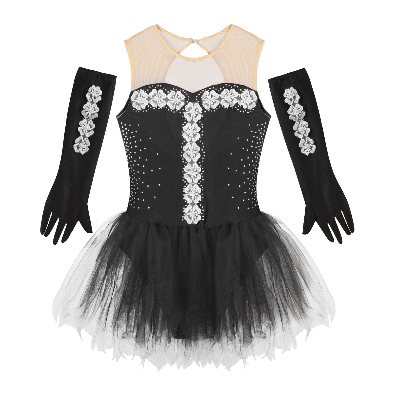 Kids Girls Figure Skating Dance Dress Ballet Gymnastics Leotard Dresses Sleeveless Shiny Rhinestone Flower Mesh Tutu with Gloves