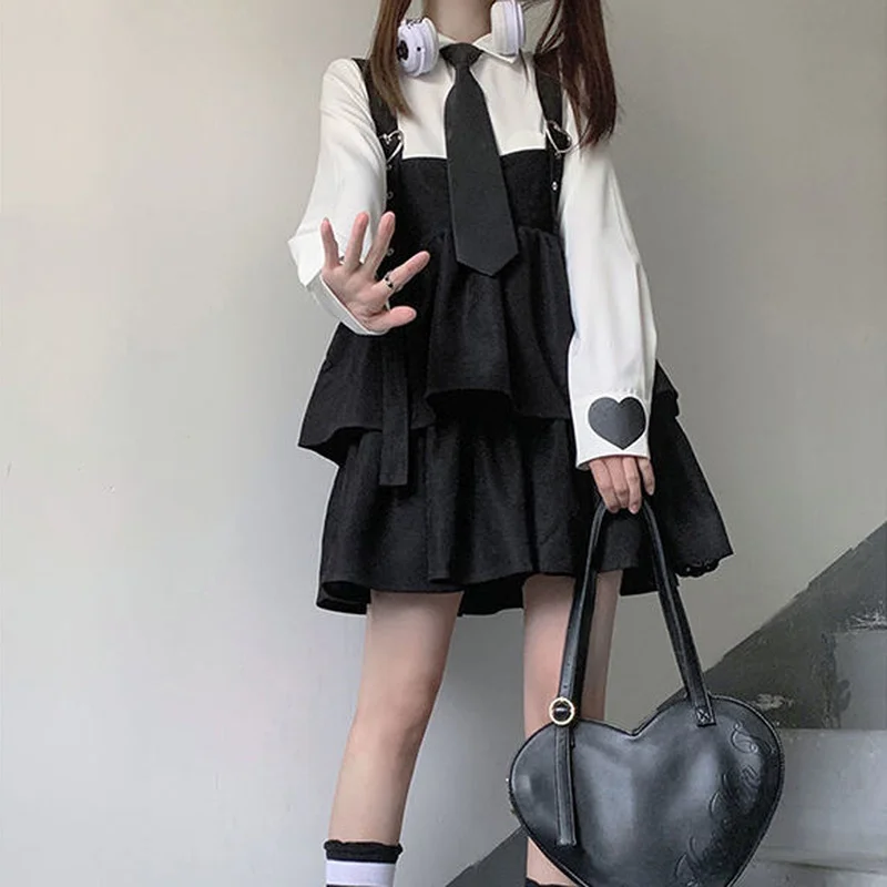 HOUZHOU Kawaii Black Lolita Dress Women Ruffle Layer Japanese fashion Sleeveless Strap Cute Mini Dress Preppy Style Soft Girl