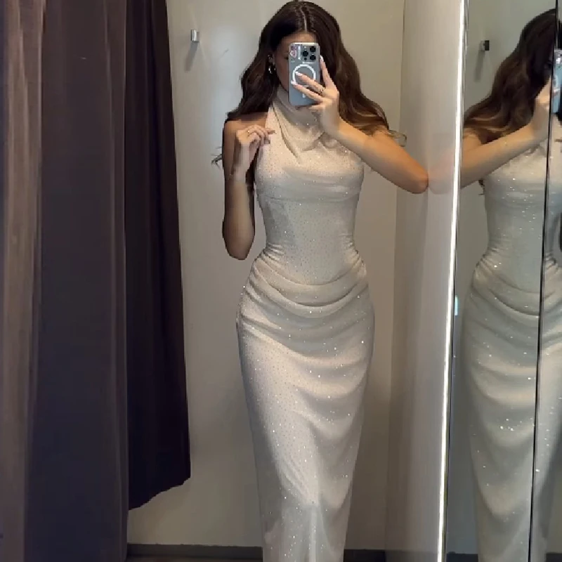 Women Halter Neck Glitter Bodycon Maxi Dress Sleeveless Draped Ruched Waist Sparkly Evening Party Wedding Guest Cocktail Dress