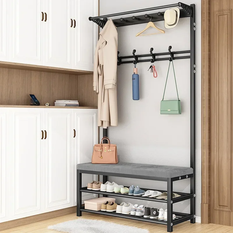 Mobile Coat Rack Shoe Bench Bedroom Metal Hanging Clothes Rack Shoe Bedroom Stool Clothing Home Entryway Furniture