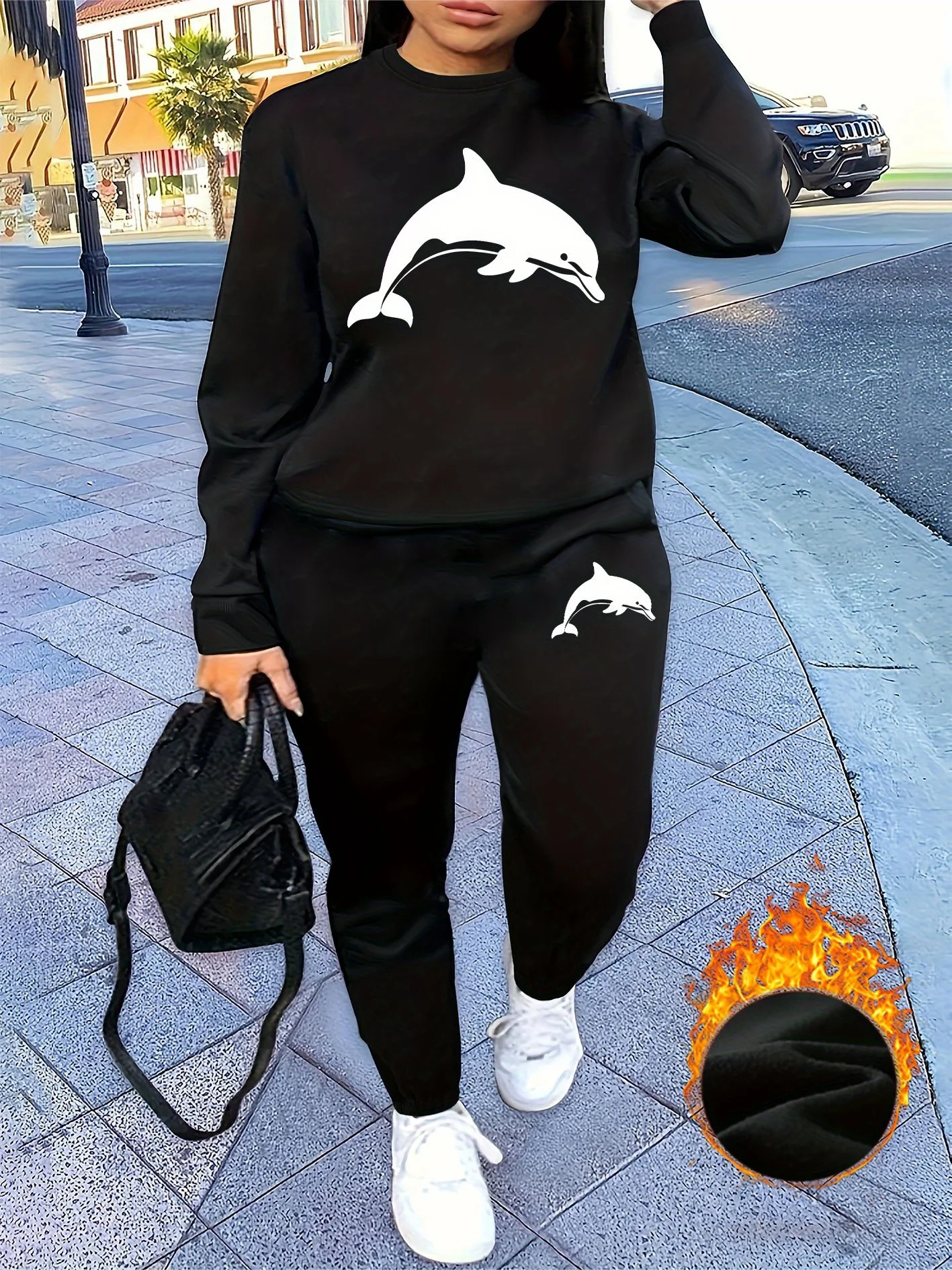 Women Graphic Print 2 Piece Outfit, Crew Neck Sweatshirt & Sweatpants Tracksuit, Casual Sport Matching Two-Piece Set