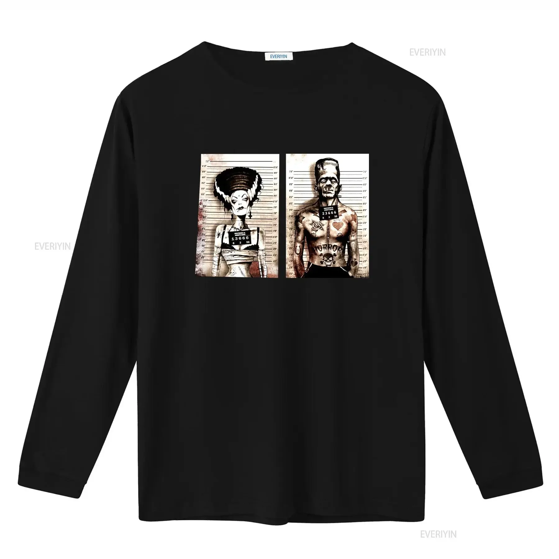 Frankenstein Horror Movie Bride and Monster Mug Shot T Shirt for Adult Men Black New vintage Washed Casual Soft streetwear